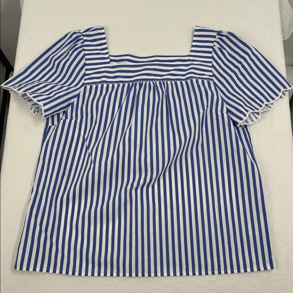 Talbots Top Wm Large Petite Blue White Striped Scallop Sleeve Blouse Square Neck